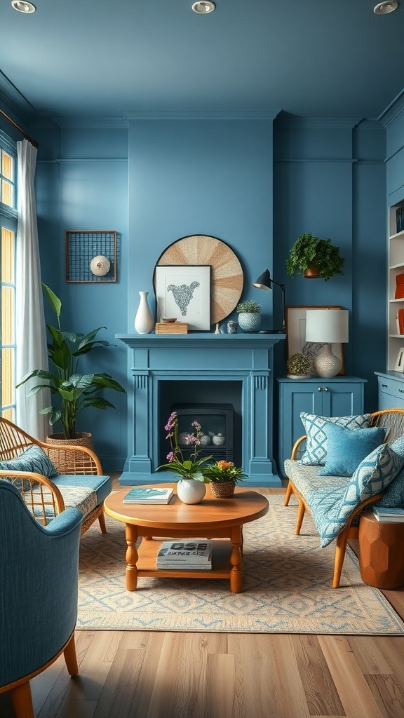 A cozy front room featuring blue walls, wooden furniture, and green plants, creating a warm and inviting atmosphere.