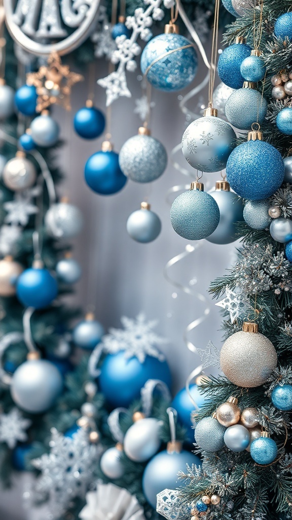 A collection of blue and silver Christmas ornaments, featuring various shades of blue and silver decorations, creating a festive atmosphere.