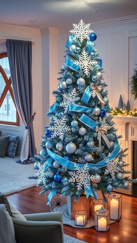A beautifully decorated blue and white Christmas tree with snowflake ornaments and soft blue ribbons.