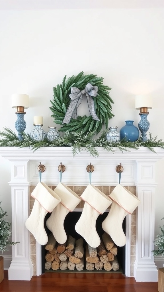 A beautifully styled mantel featuring a green wreath with a gray bow, blue vases, and cream stockings.
