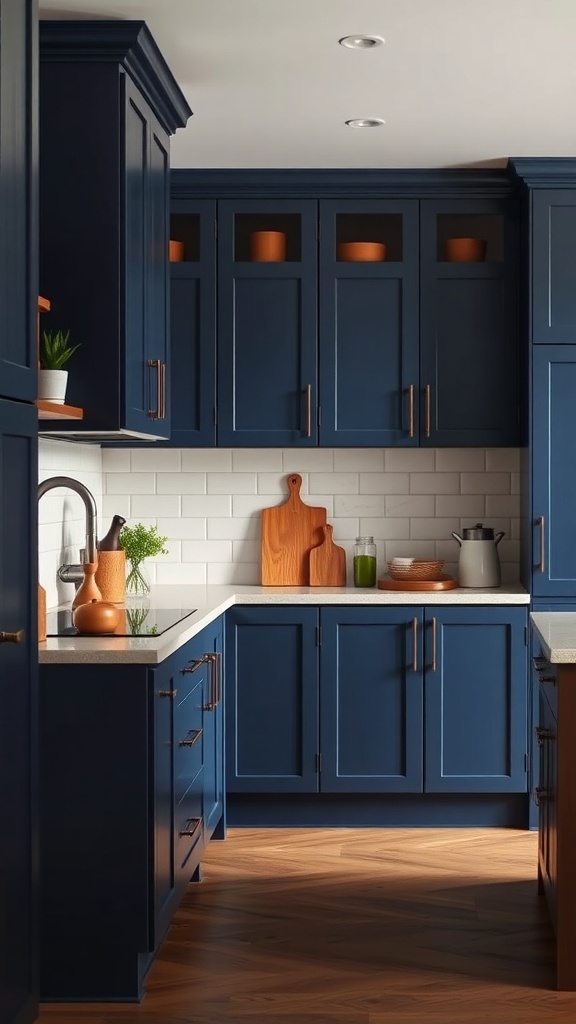 A modern kitchen featuring dark blue cabinets paired with warm wood accents, showcasing a harmonious blend of colors and textures.