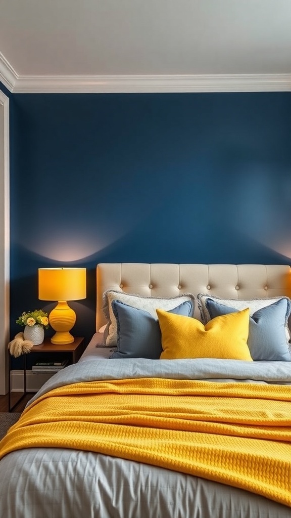 A bedroom with a blue accent wall, yellow pillows, and a cozy bed setup.