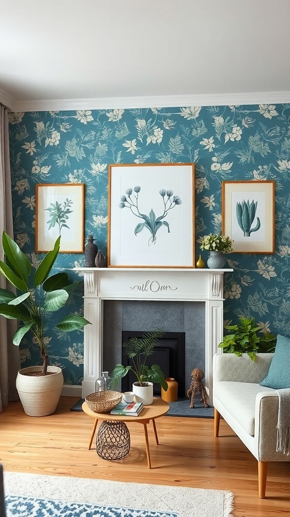 A front room featuring blue botanical prints on the wall, a cozy sofa, and indoor plants.