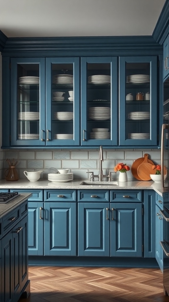 A kitchen featuring dark blue cabinets with glass fronts, showcasing white dishware and a light countertop.