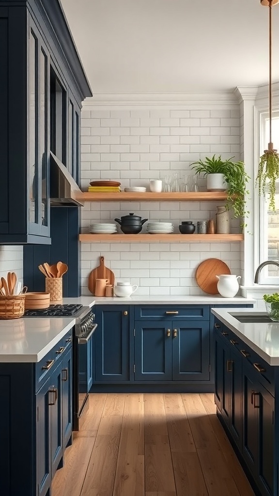 A modern kitchen featuring dark blue cabinets and open wooden shelving, showcasing dishes and plants.