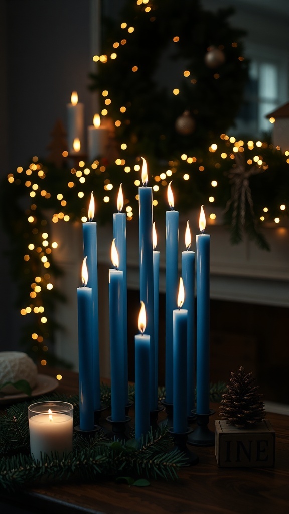 A cluster of blue candles with a warm glow, surrounded by greenery and a white candle, creating a cozy holiday atmosphere.