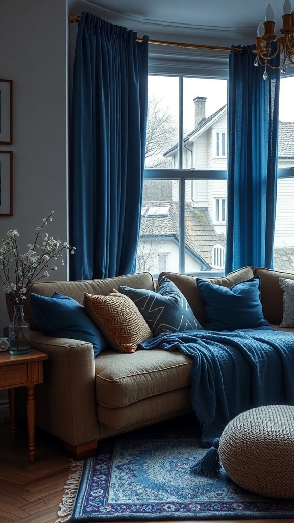 A cozy front room featuring deep blue curtains, a beige sofa with blue cushions, and a warm wooden table.
