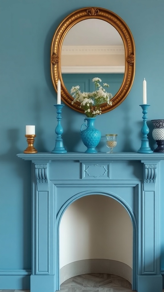 A blue fireplace mantel with a round gold-framed mirror, blue vases, and candles, set against a blue wall.