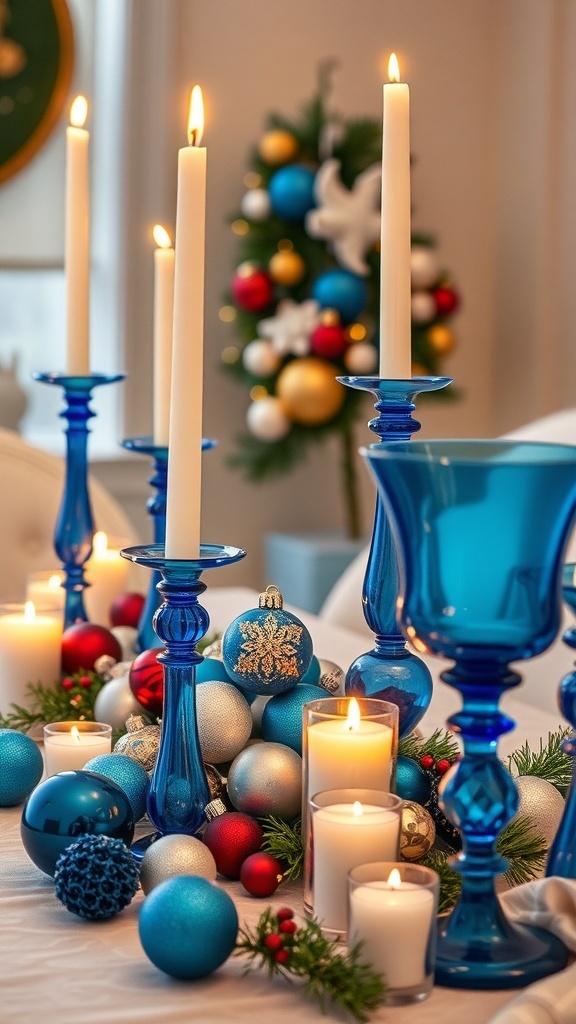 A festive display featuring blue glassware, candles, and colorful ornaments, creating a cozy holiday atmosphere.
