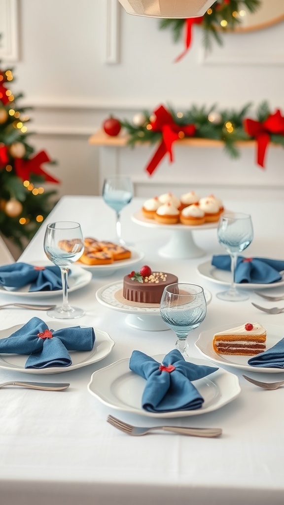 A beautifully arranged blue holiday dessert table featuring blue napkins, chocolate cake, and festive decorations.