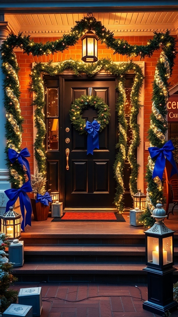 A beautifully decorated porch with a black door, green garlands, blue bows, and lanterns, creating a festive holiday atmosphere.