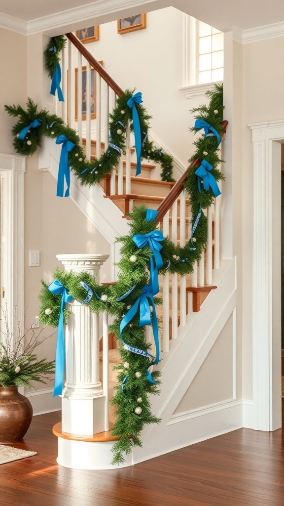 Staircase decorated with blue ribbon garlands and greenery