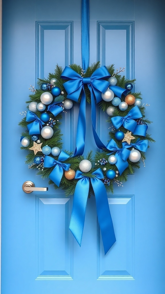 A blue ribbon wreath adorned with blue and silver ornaments hanging on a blue door.
