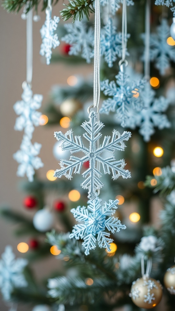 Blue snowflake ornaments hanging on a Christmas tree