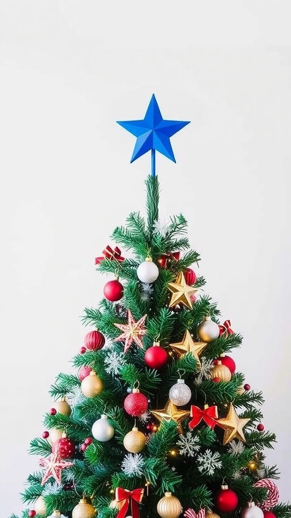 A Christmas tree topped with a bright blue star, decorated with red, gold, and silver ornaments.