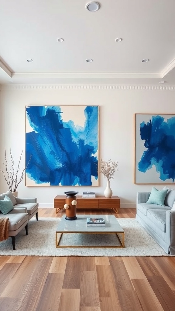 A stylish front room featuring two large blue abstract paintings on the wall, light-colored furniture, and wooden flooring.