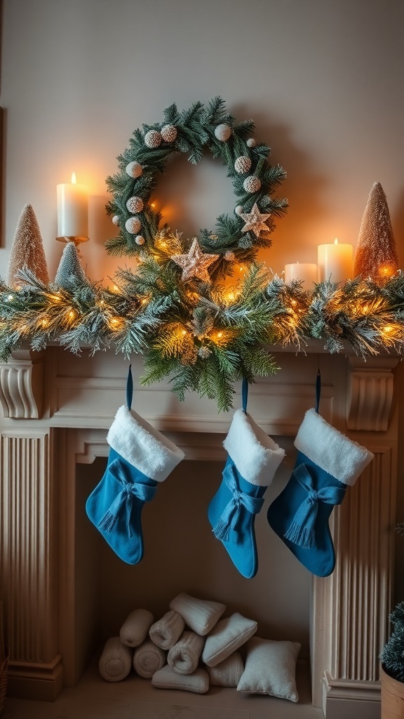 Blue stockings with white cuffs hanging on a decorated mantel with candles and a wreath.