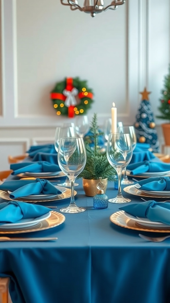 A beautifully set table with a blue tablecloth, gold-rimmed plates, blue napkins, and decorative elements for Christmas.