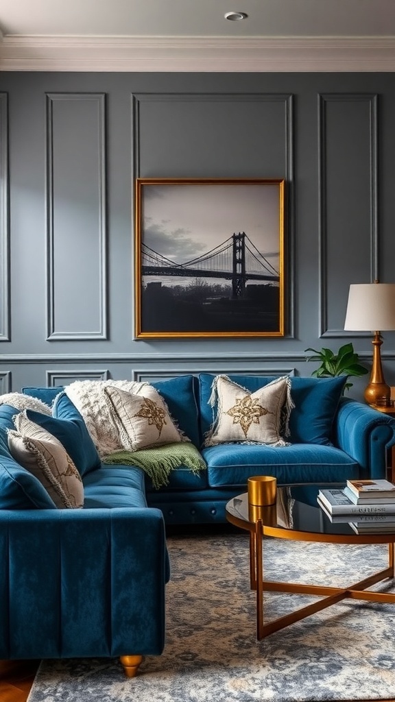A cozy front room featuring a blue velvet sofa with decorative pillows, a stylish coffee table, and light gray walls.