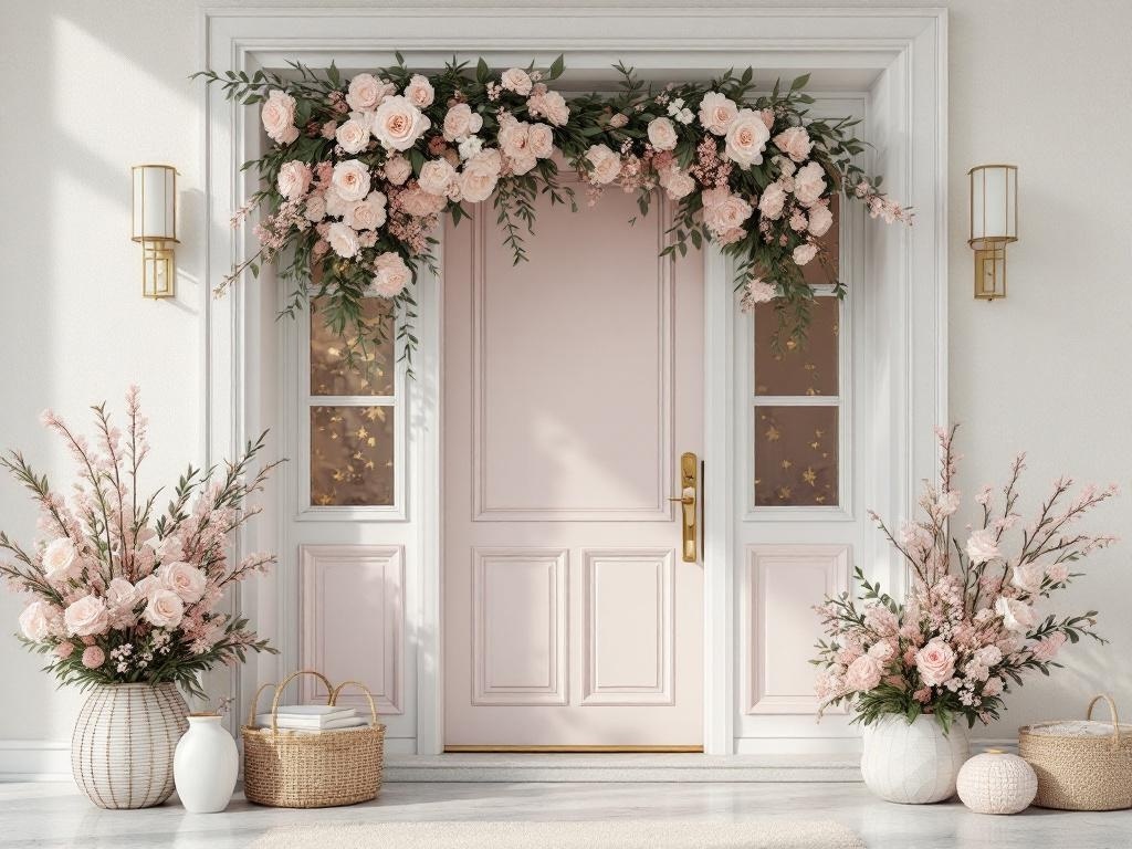 A modern door display featuring blush flowers and gold accents, creating a romantic entrance.
