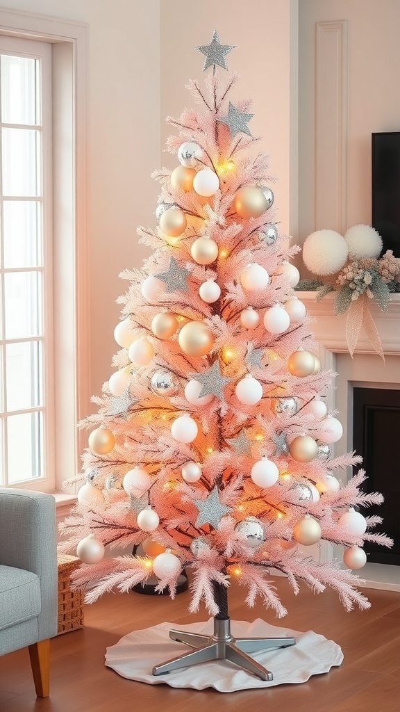 A beautifully decorated blush pink Christmas tree with gold and white ornaments, twinkling lights, and a star on top.