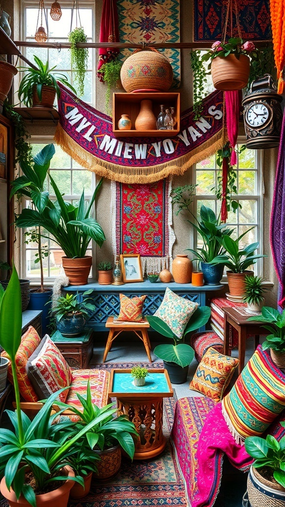 A colorful Bohemian living room filled with plants, vibrant textiles, and eclectic decor.