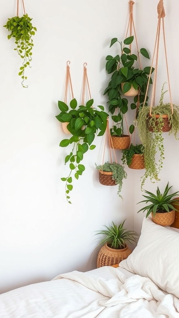 A cozy bedroom corner featuring hanging plants and soft bedding, creating a Bohemian vibe.
