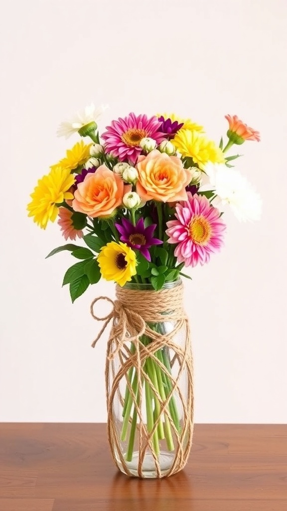 A boho-inspired macrame vase made from a glass jar wrapped in twine, filled with colorful flowers.