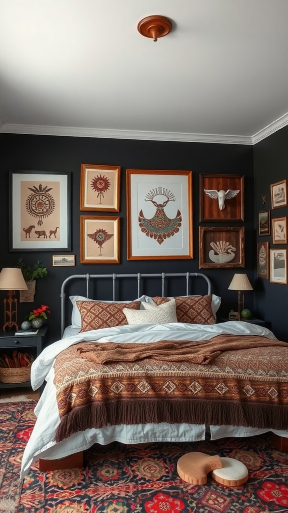 A dark boho bedroom with a wall of eclectic framed art and vintage displays.