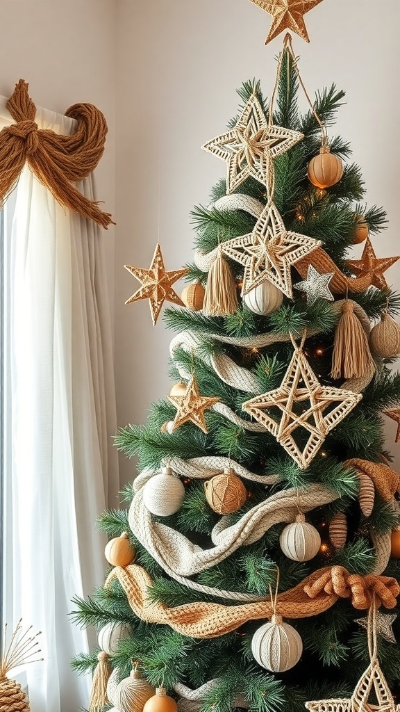 A beautifully decorated Christmas tree with macramé ornaments, rattan stars, and jute garlands, showcasing a cozy bohemian style.