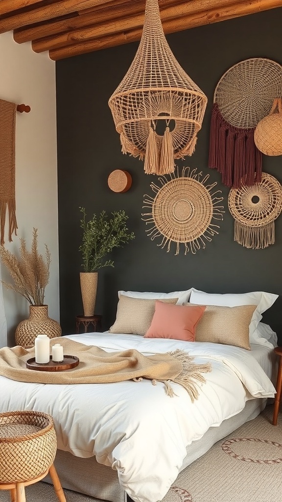 A boho chic bedroom featuring charcoal walls, pink accents, and natural textures.