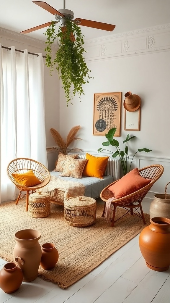 A cozy boho-style room featuring terracotta and yellow accents, rattan furniture, and hanging plants.