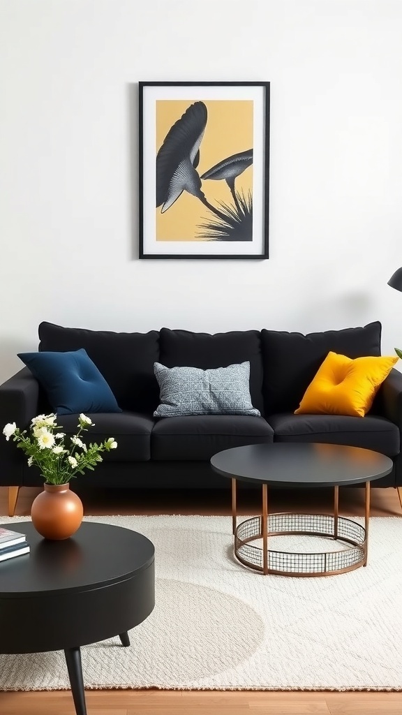 A modern living room featuring a black sofa with colorful cushions, a round coffee table, and a piece of art on the wall.