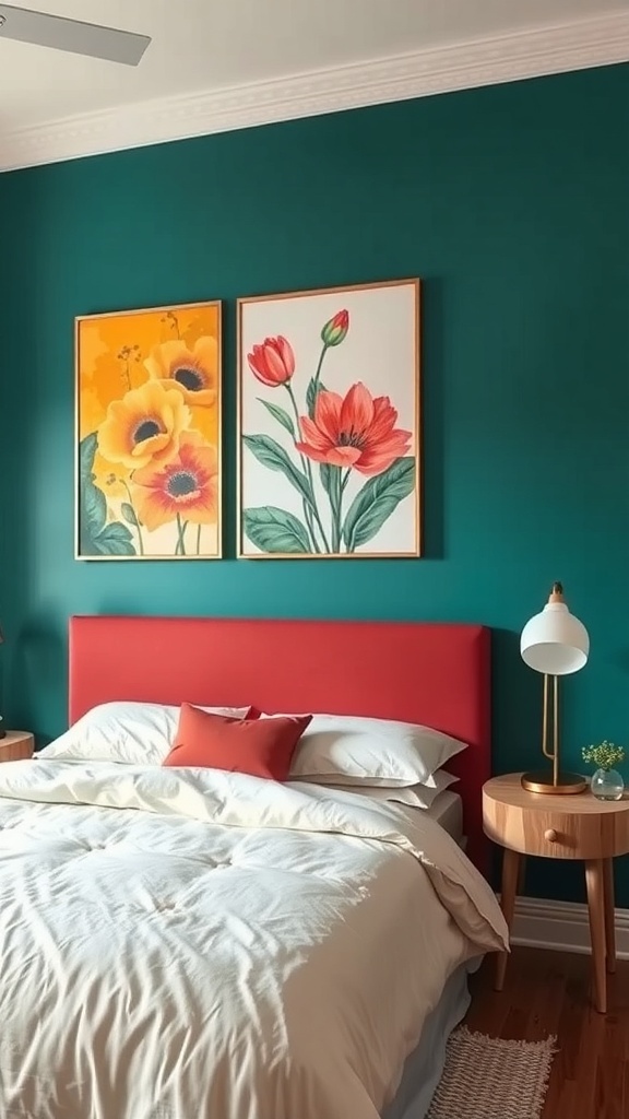 A modern bedroom featuring a vibrant teal accent wall with floral artwork, a red headboard, and cozy bedding.