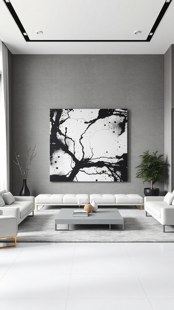 A minimalist living room featuring a bold black and white art piece on a gray wall, complemented by sleek white sofas and a modern coffee table.