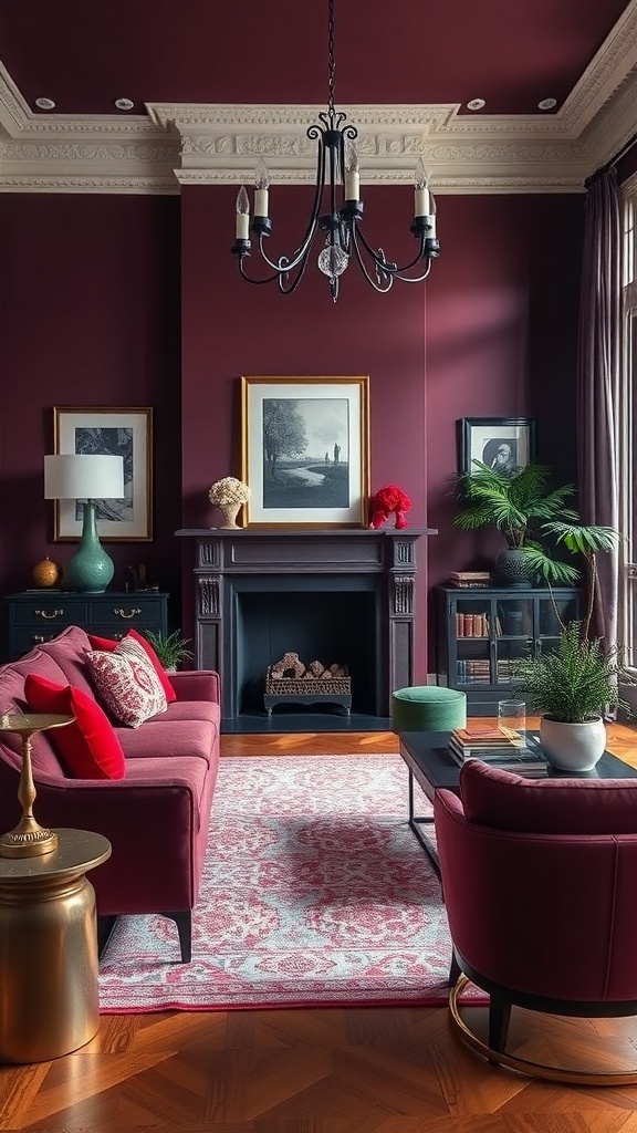 Living room featuring aubergine walls, red and moss green accents, stylish furniture, and elegant decor.