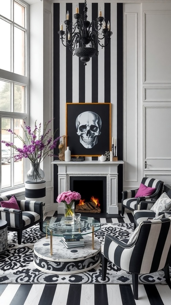 A stylish living room with black and white striped walls, a skull artwork, and a black chandelier, featuring modern Halloween decor.