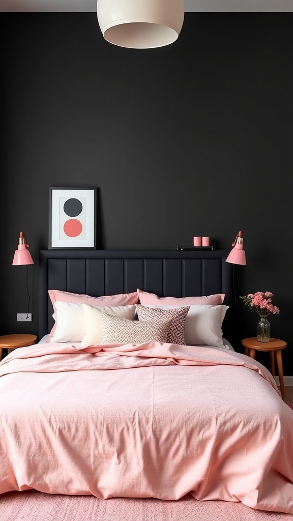 A modern bedroom featuring a bold black accent wall behind a bed with soft pink bedding and decorative pillows.