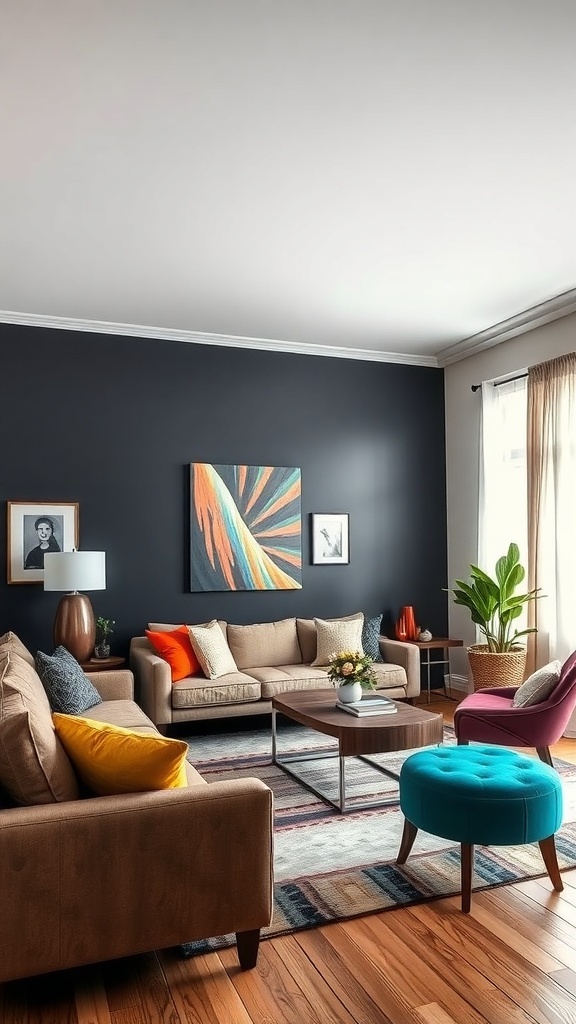 Living room with a bold black accent wall, beige sofas, colorful cushions, and modern decor.