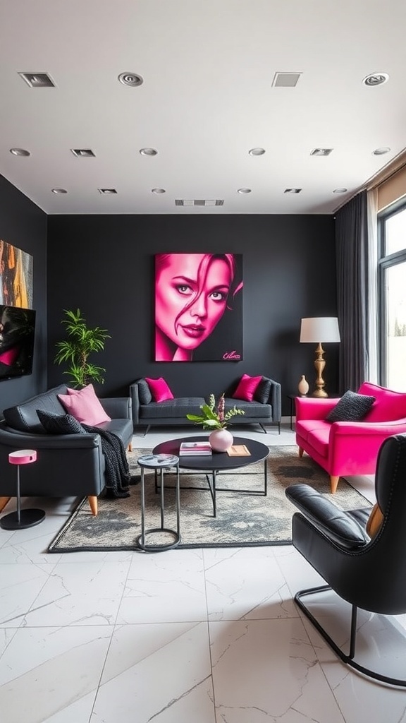 A modern living room featuring bold black walls and vibrant pink accents, with stylish furniture and artwork.