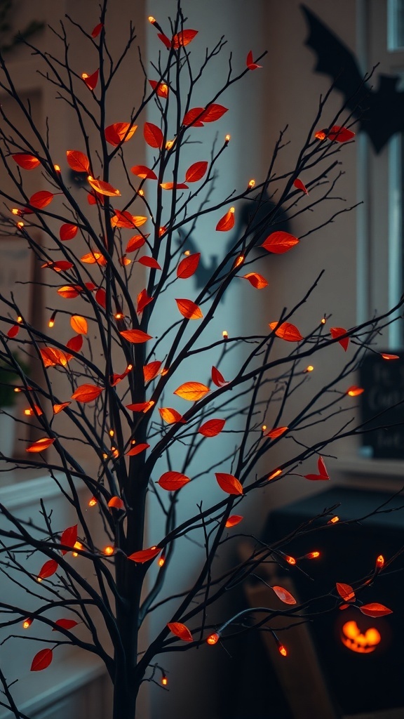 A Halloween tree with black branches, copper leaves, and amber twinkling lights, creating a spooky yet inviting atmosphere.