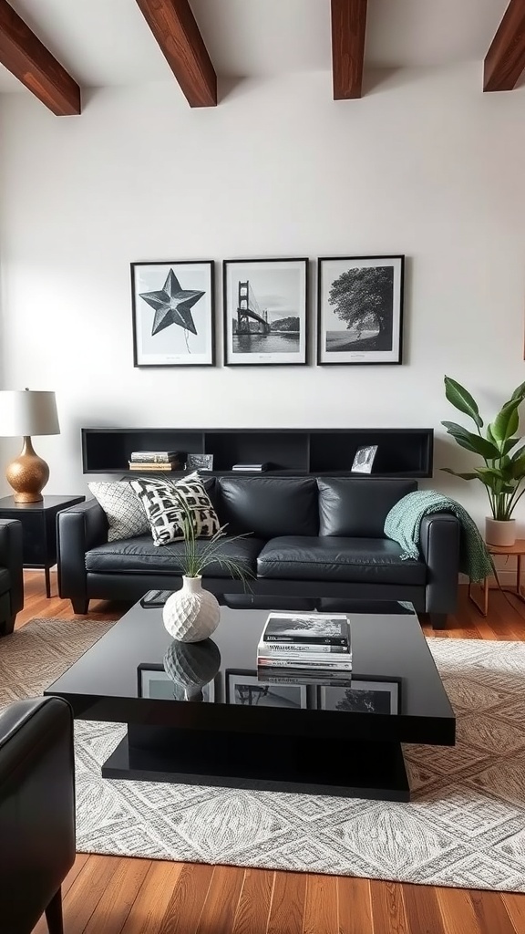 A stylish living room featuring a bold black coffee table, leather sofa, and decorative elements.