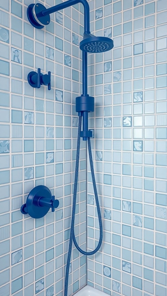 A close-up view of blue shower fixtures against light blue tiled walls.
