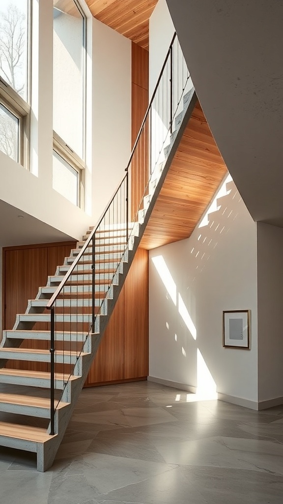 A modern cantilevered staircase featuring concrete steps and a wooden ceiling, illuminated by natural light.