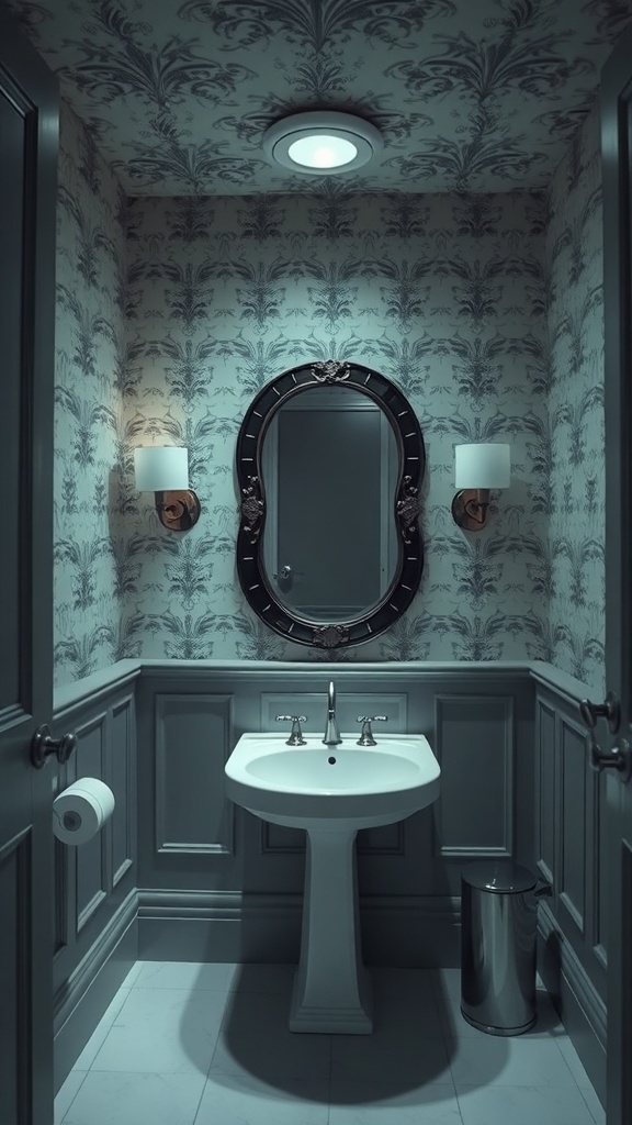 A small powder room featuring bold wallpaper extending to the ceiling, with a round mirror and stylish lighting.