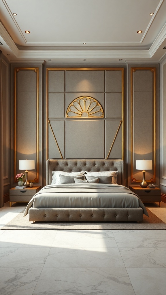 Luxurious large bedroom with a custom headboard wall featuring golden accents and a tufted bed.