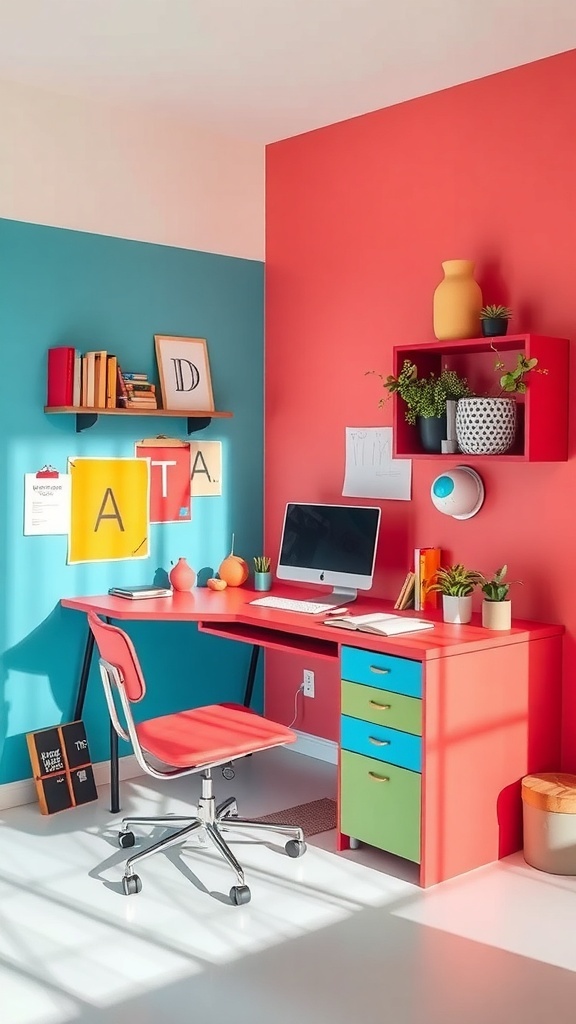 A colorful corner desk setup with red and teal walls, featuring a vibrant red desk with blue and green drawers, a computer, and decorative plants.