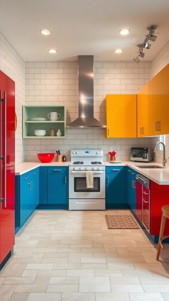 A vibrant mid-century modern kitchen featuring bold red, yellow, and blue cabinets.