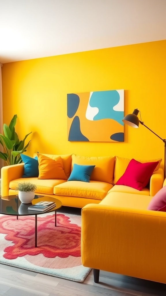 A vibrant living room featuring a yellow couch with colorful pillows, a patterned rug, and wall art.