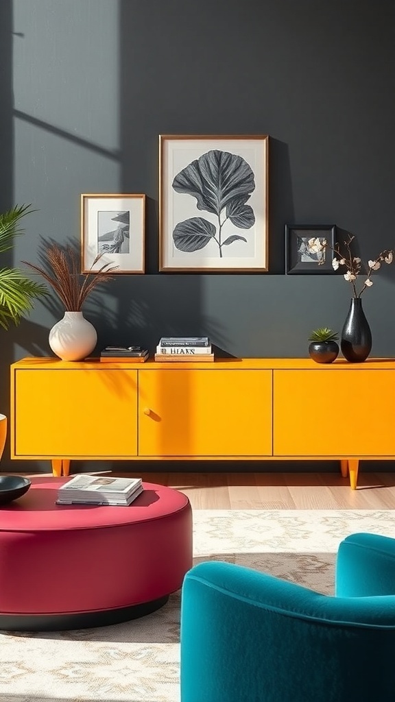 A modern living room featuring a bold orange sofa table, pink ottoman, and teal chairs against a dark wall.